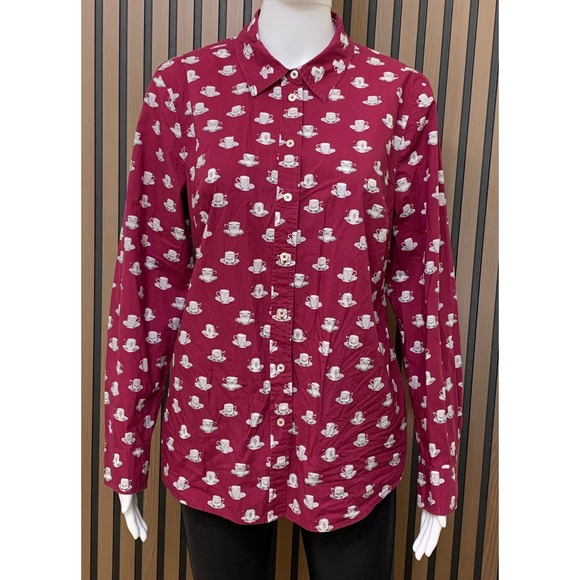 Talbots Tops - Talbots Women's Burgundy Teacup Print Cotton Button Down Shirt M Long Sleeve